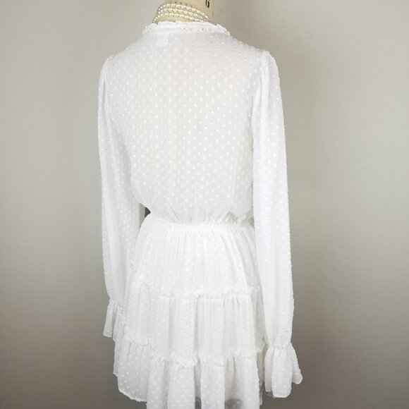 Venus White Chenille Dot Tiered Mini Dress with Long Sheer Sleeves Size Small - Picture 7 of 11
